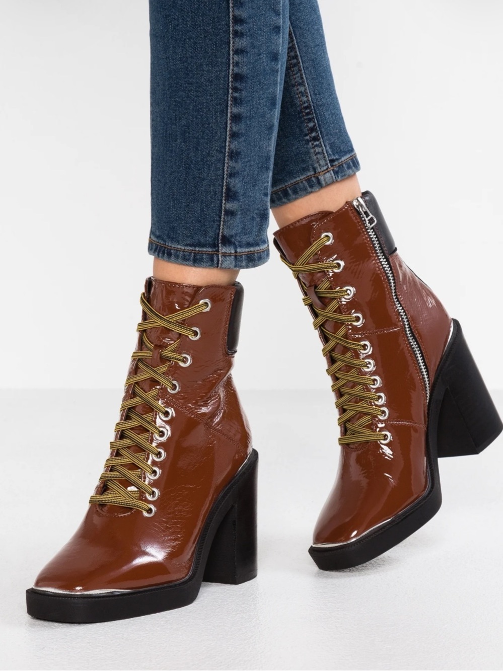 TopShop Hike Brown Patent Crinkle Heeled Lace Up Side Zipper Boots NWOB EUR 40
